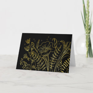Elegant Simple Glowing Gold Flowers on Black Thank You Card