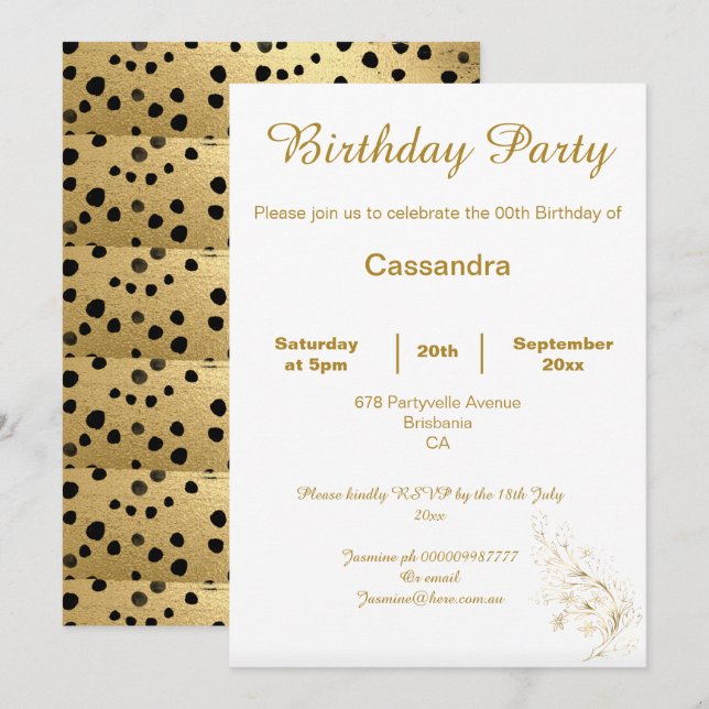 ELEGANT SIMPLE GOLD BLACK LEOPARD CUSTOM BIRTHDAY INVITATION (Front/Back)