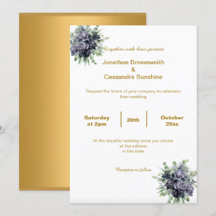 ELEGANT SIMPLE GOLD BLUE BLOSSOM WEDDING INVITATION