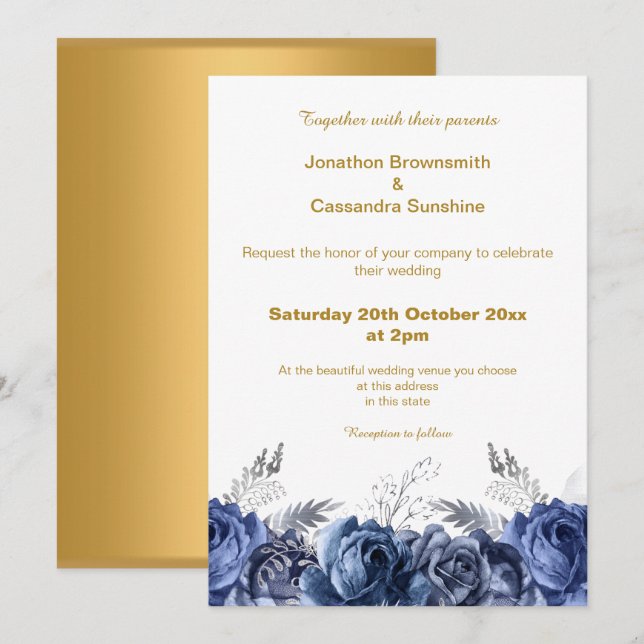 ELEGANT SIMPLE GOLD BLUE FLORAL SIMPLE WEDDING INVITATION (Front/Back)
