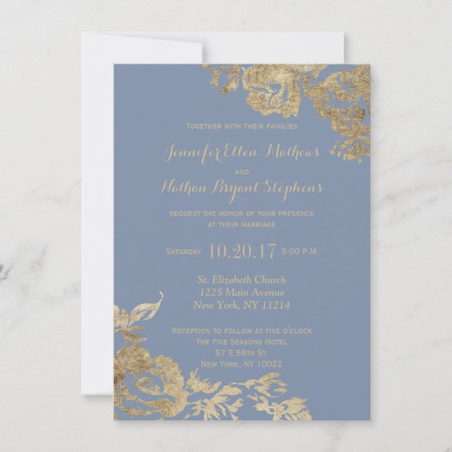 Elegant Simple Gold Dusty Blue Floral Wedding Invitation (Front)