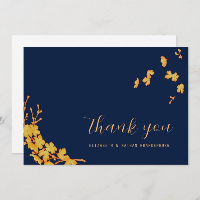 Elegant Simple Gold Flowers Navy Blue  Thank You Card (Front/Back)