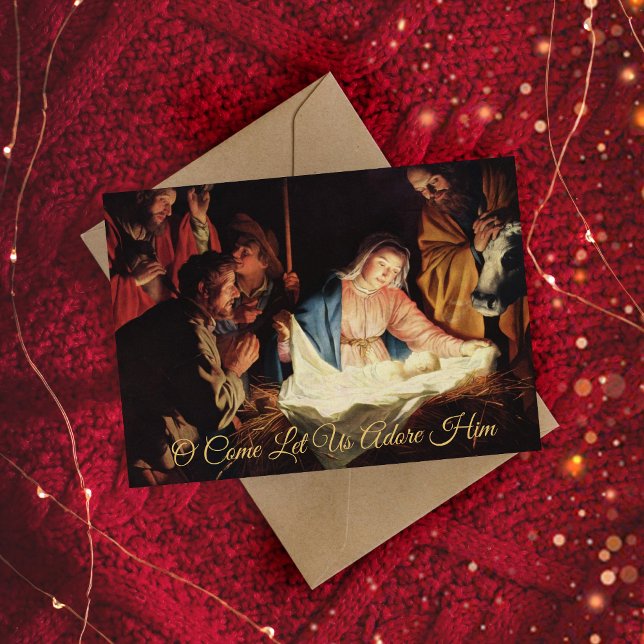 Elegant Simple Gold Nativity Religious Christmas Holiday Card (This Christmas collection features a vintage oil painting of the Nativity Scene.)