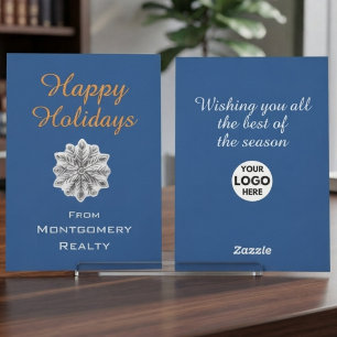 Elegant Simple Gold Navy Blue Logo Non Photo  Holiday Card