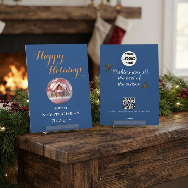 Elegant Simple Gold Navy Blue Logo QR Code Holiday Card (Creator Uploaded)