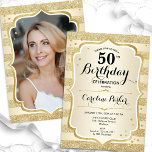 Elegant Simple Gold Photo 50th Birthday Invitation<br><div class="desc">Elegant feminine 50th birthday invitation with your photo at the back of the card. Glam design with faux glitter gold. Features gold stripes, script font and confetti. Perfect for a stylish adult bday celebration party. Personalise with your own details. Can be customised for any age! Printed Zazzle invitations or instant...</div>