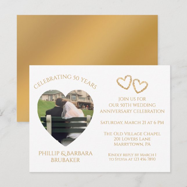Elegant Simple Gold Photo 50th Wedding Anniversary Invitation Postcard (Front/Back)