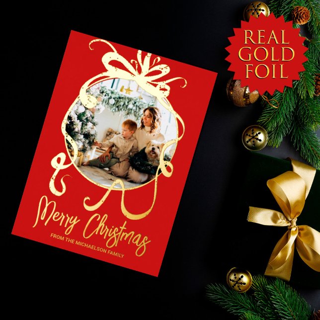 Elegant Simple Gold Red Ornament Bow Family Photo (Creator Uploaded)