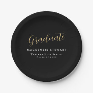 Elegant Simple Gold Script Graduation Black  Paper Plate