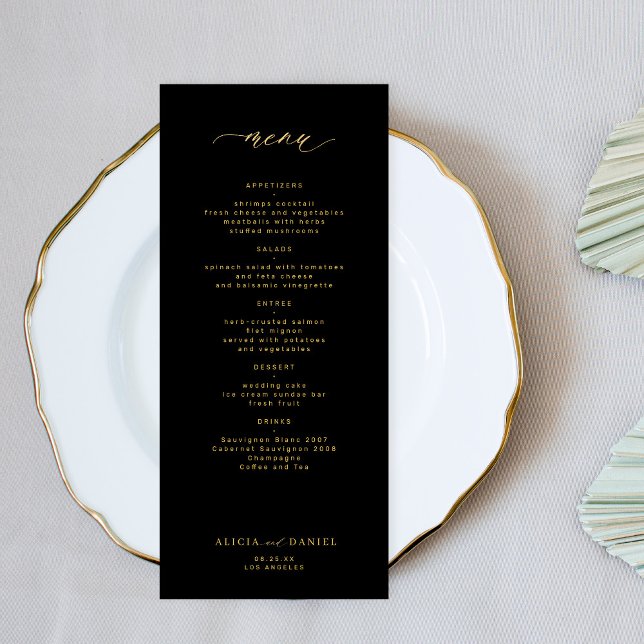 Elegant simple gold typography black wedding menu (Creator Uploaded)