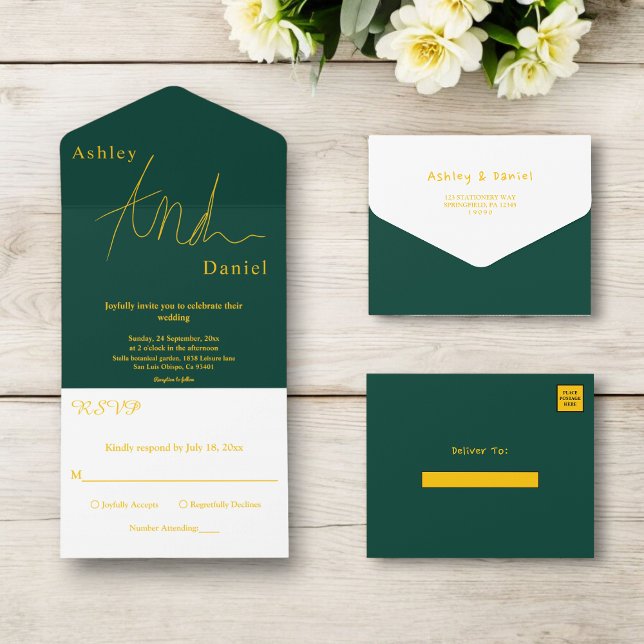 Elegant Simple Green And Gold Luxury Wedding All In One Invitation (Creator Uploaded)