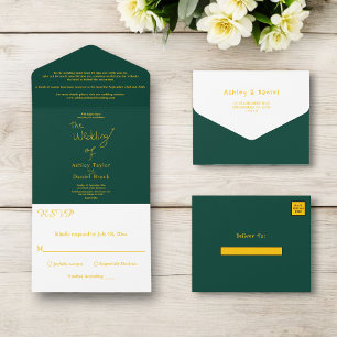 Elegant Simple Green And Gold Modern Chic Wedding All In One Invitation