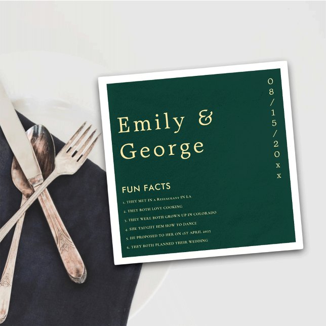 Elegant Simple Green Gold Modern Fun Facts Wedding Napkin (Creator Uploaded)