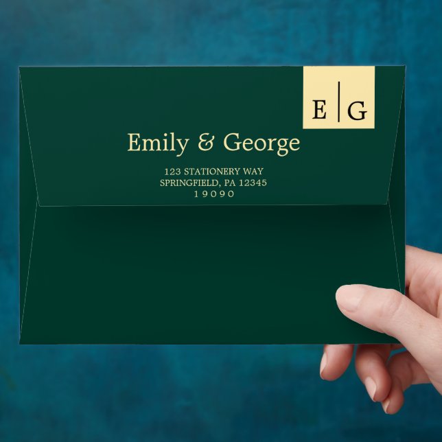 Elegant Simple Green Gold Monogram Modern Wedding Envelope (Hand)