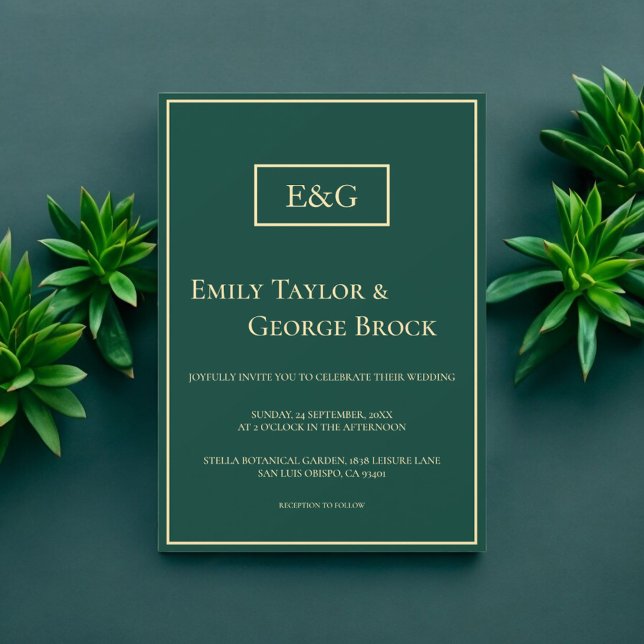 Elegant Simple Green Gold Monogram Modern Wedding Invitation (Creator Uploaded)