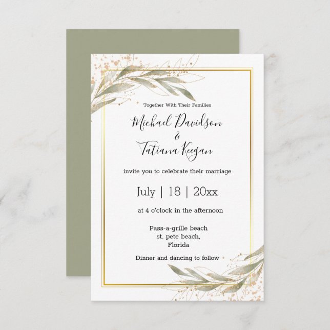 elegant simple green leaves gold budget wedding invitation (Front/Back)