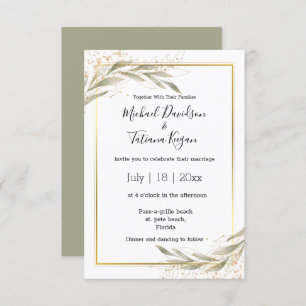 elegant simple green leaves gold budget wedding invitation