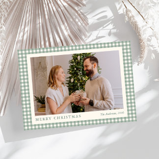 Elegant Simple Green Plaid Photo Merry Christmas Holiday Card