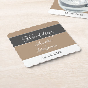 Elegant Simple Grey Beige Script Wedding Paper Coaster