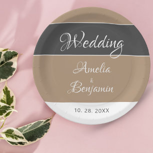 Elegant Simple Grey Beige Script Wedding  Paper Plate