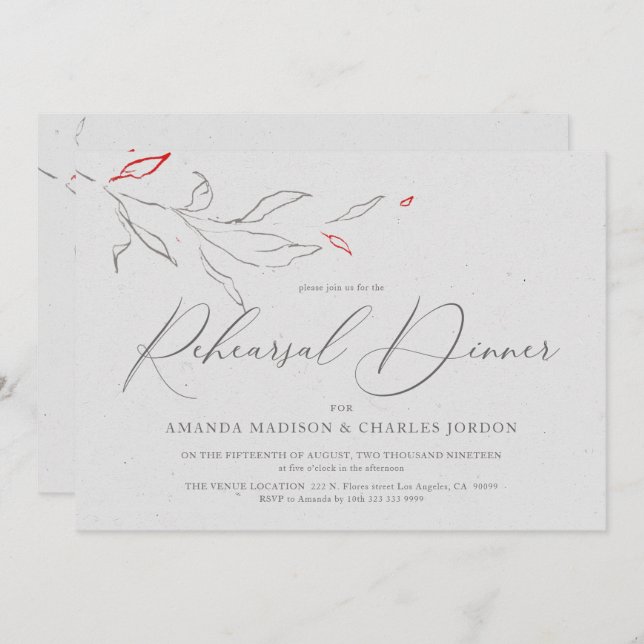 Elegant simple grey & red flowers Rehearsal Dinner Invitation (Front/Back)