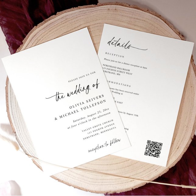 Elegant Simple Handwriting All in One Wedding Invitation (Minimalist all-in-one wedding invitation with modern handwriting script and QR code on back)