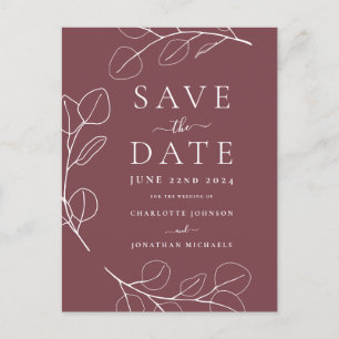 Elegant Simple Leaves Burgundy Wedding Announcement Postcard