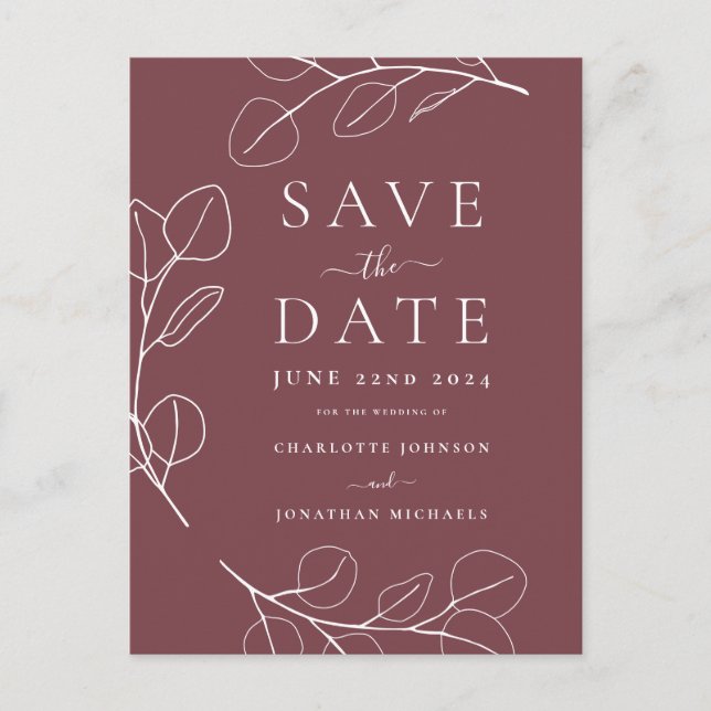 Elegant Simple Leaves Burgundy Wedding Announcement Postcard (Front)
