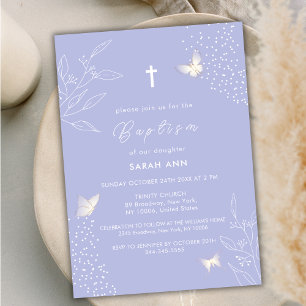 Elegant Simple Leaves Butterfly Cross Baptism Invitation