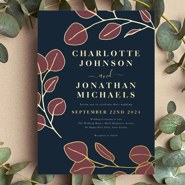 Elegant Simple Leaves Gold (Minimalist leaf modern stylish navy blue burgundy and gold foil wedding invitation )