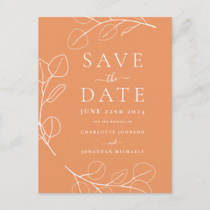 Elegant Simple Leaves Orange Wedding Announcement Postcard