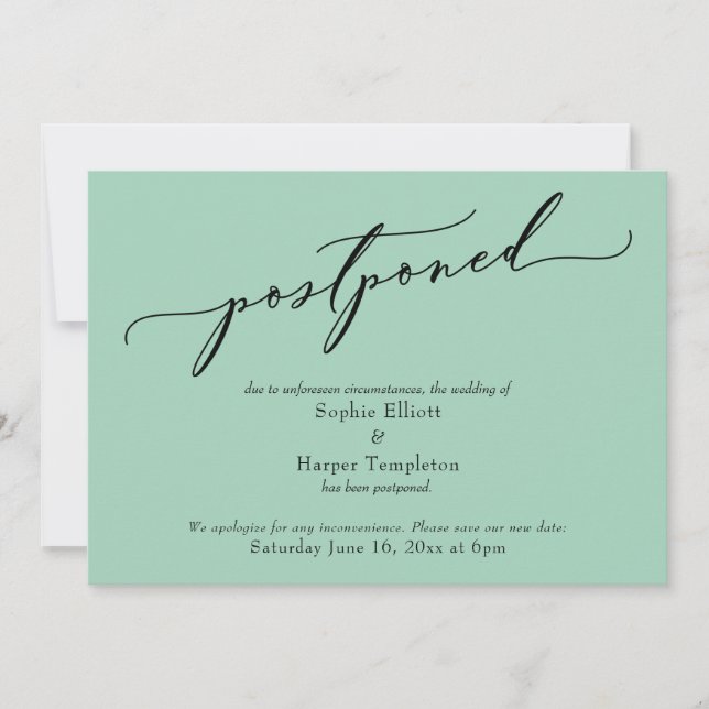 Elegant Simple Light Green Postponed Wedding Card (Front)