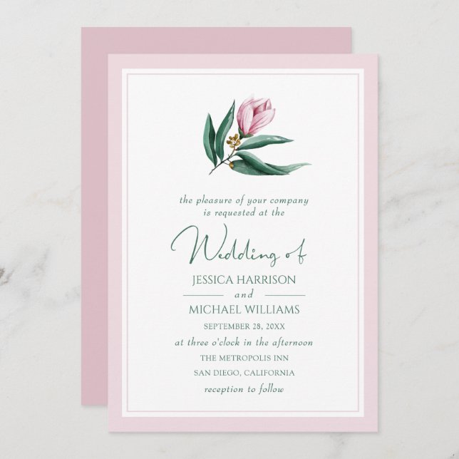 Elegant Simple Magnolia Flower Dusty Pink Wedding Invitation (Front/Back)