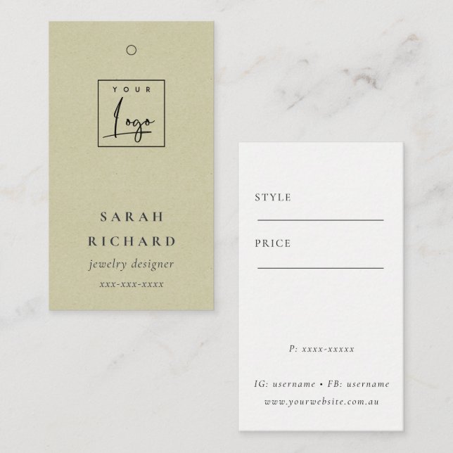 Elegant Simple Minimal Kraft White Logo Price Tag (Front/Back)