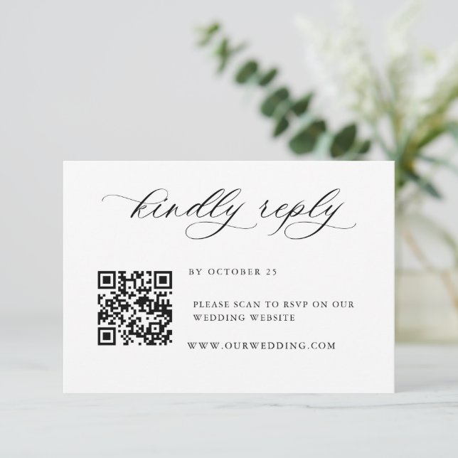 Elegant Simple Minimalist Calligraphy QR code RSVP Card (Standing Front)