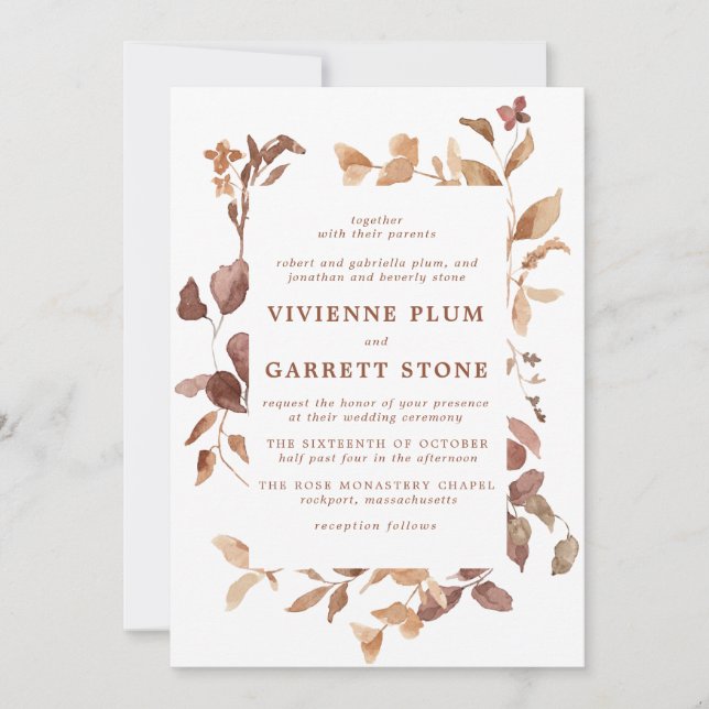 Elegant Simple Minimalist Fall Leaves Wedding Invitation (Front)
