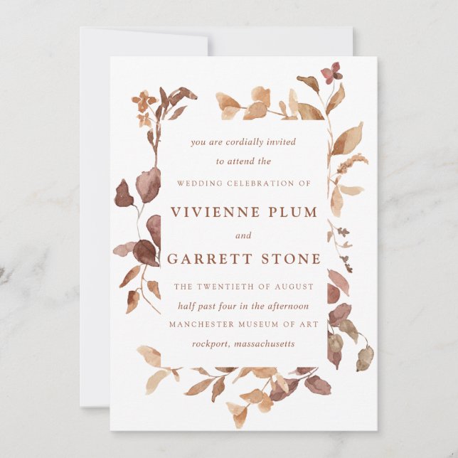 Elegant Simple Minimalist Fall Leaves Wedding Invitation (Front)