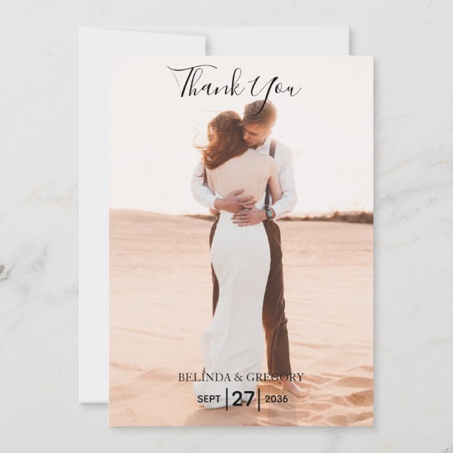 Elegant Simple Minimalist Photo Wedding Thank You Card (Back)
