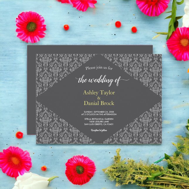 Elegant Simple Minimalist Script Damask Wedding Invitation (Creator Uploaded)