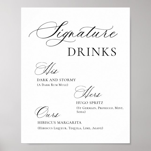Elegant Simple Minimalist Signature Drinks Wedding Poster (Front)