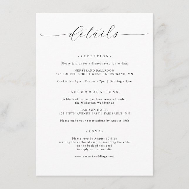Elegant Simple Minimalist Wedding Details Enclosure Card (Front)