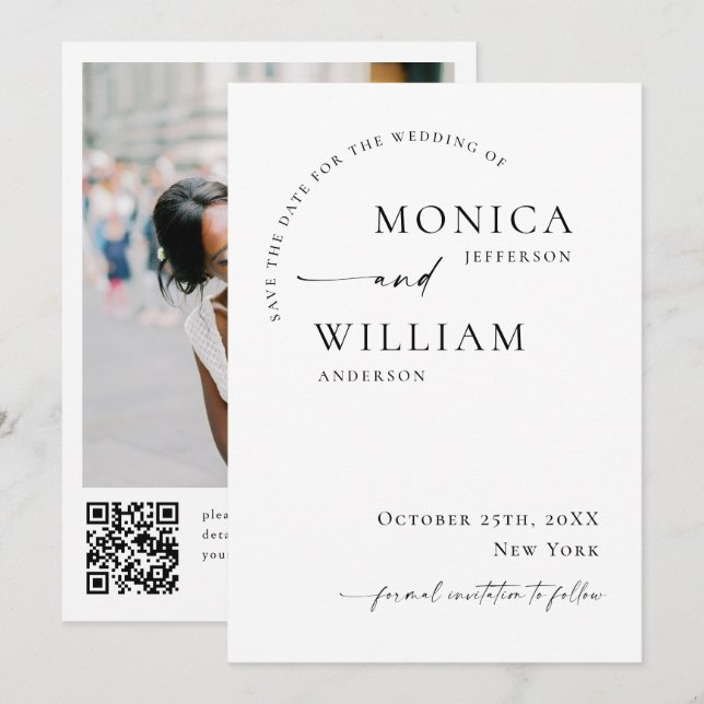 Elegant Simple Minimalist Wedding Photo QR Code Save The Date (Front/Back)