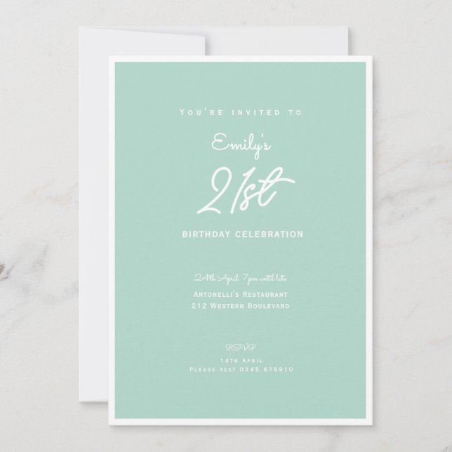 Elegant Simple Mint Modern 21st Birthday Party Invitation (Front)