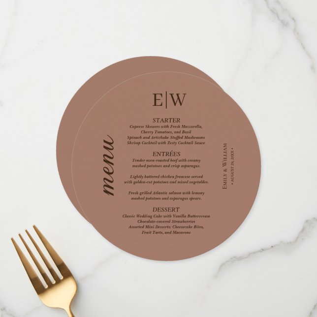 Elegant Simple Mocha Mousse with Monogram Wedding Menu (Front/Back In Situ)