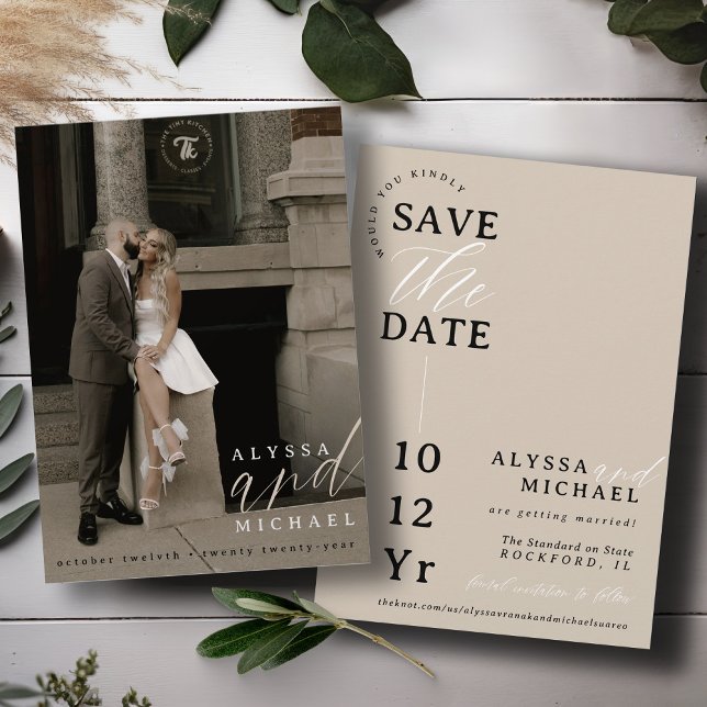 Elegant Simple Modern Champagne Tan Photo Wedding Save The Date (Elegant modern photo typography script simple wedding save the date, black and white, champagne tan)