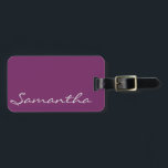 elegant simple modern chic trendy monogram purple luggage tag<br><div class="desc">This stunning,  sophisticated design features your name,  or any custom text,  in a light steel grey on a solid purple background.</div>