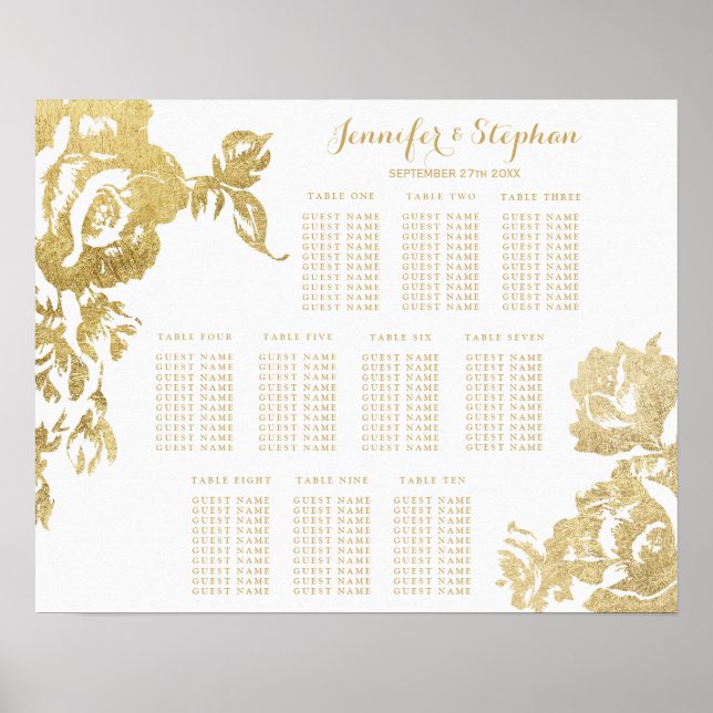 Elegant Simple Modern Floral Gold Seating Chart (Front)