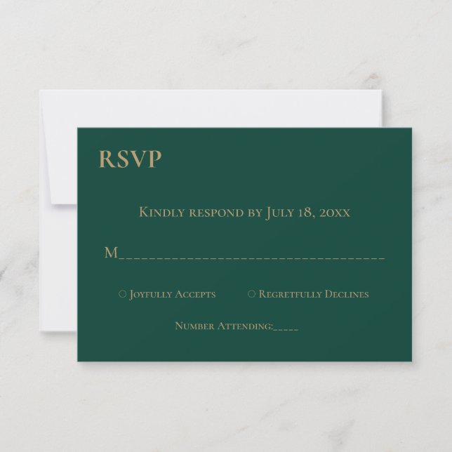 Elegant Simple Modern Green Gold Monogram Wedding RSVP Card (Front)