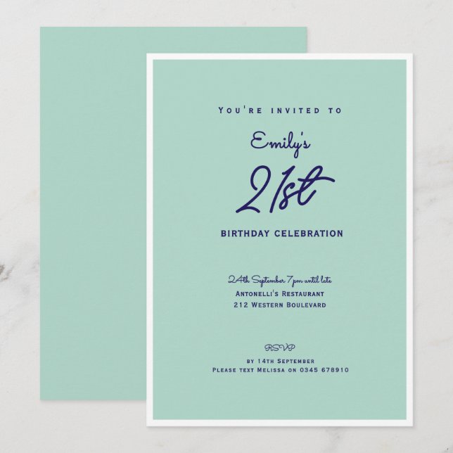 Elegant Simple Modern Mint 21st Birthday Party Invitation (Front/Back)