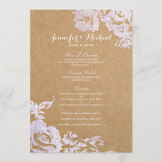 Elegant Simple Modern Rose Floral Faux Silver Menu (Front)